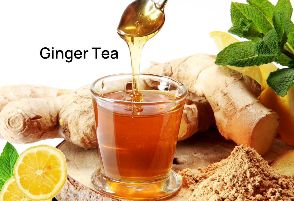 Cup of ginger tea with fresh ginger slices and lemon