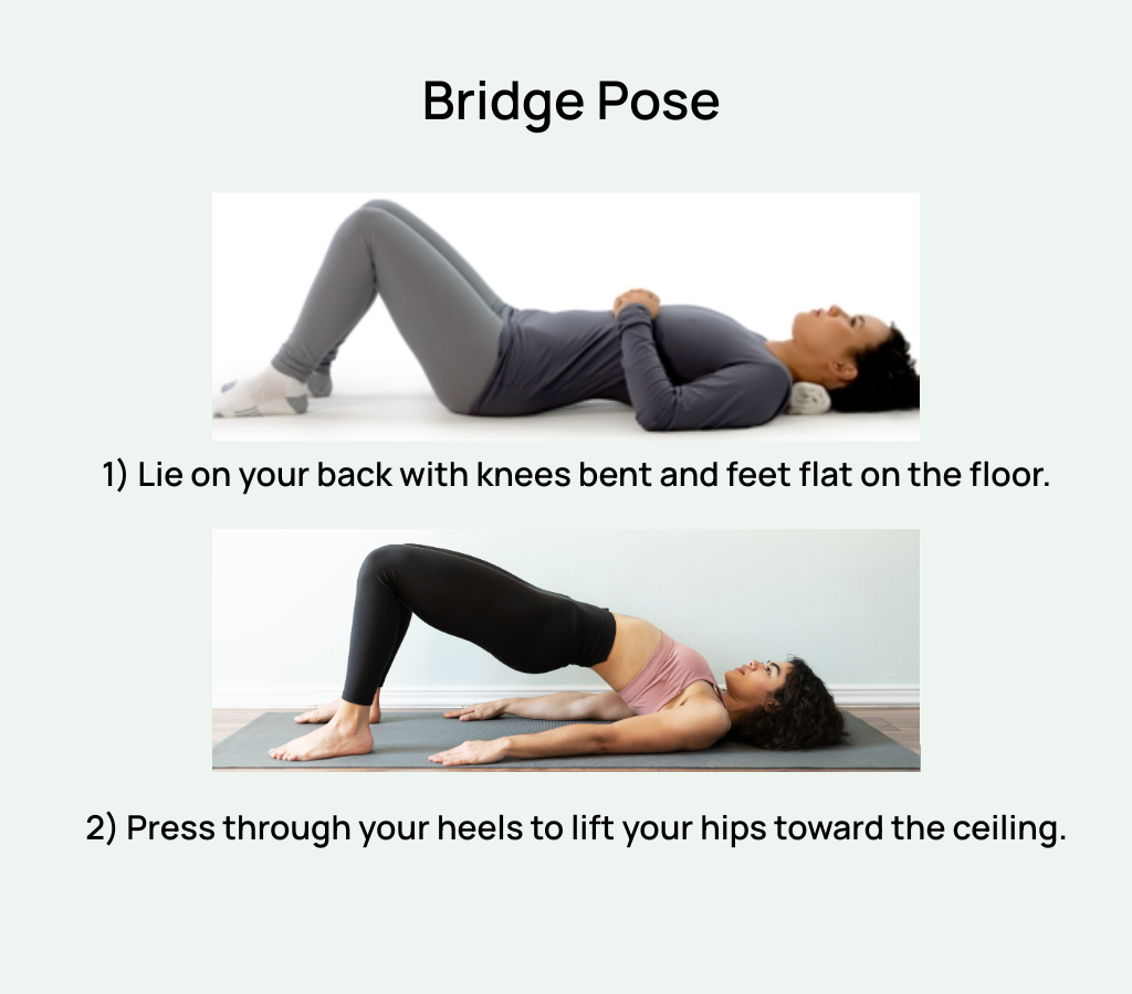 Bridge pose exercise to strengthen glutes, hamstrings, and relieve lower back discomfort.