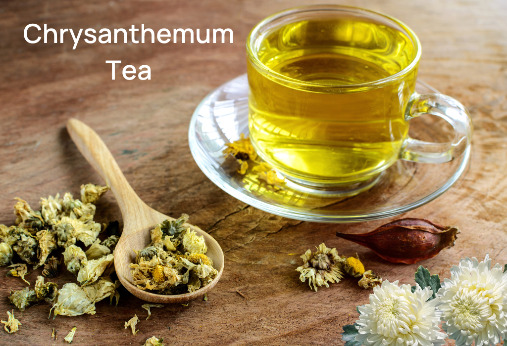 Cup of chrysanthemum tea with dried yellow chrysanthemum flowers